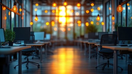 A modern office space bathed in sunset light, featuring computers, plants, and warm ambient lighting.