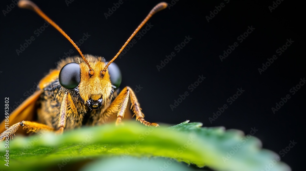 Leinwandbilder macro shot of a wasp with detailed texture on leaf against black background : generative ai