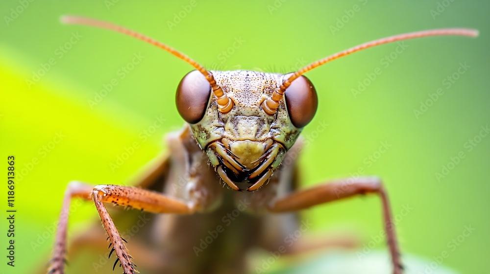 Poster closeup of a praying mantis with green blurred background : generative ai