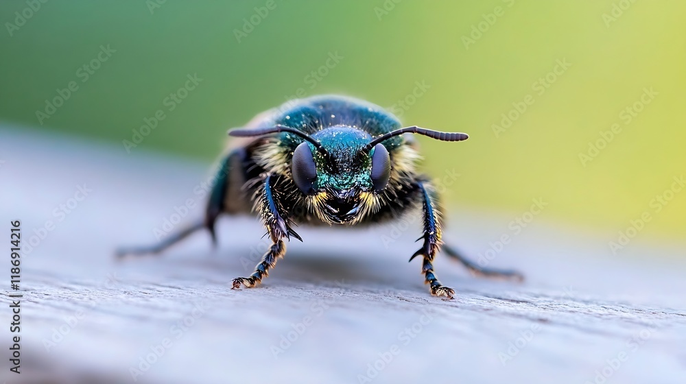 Poster macro closeup of a metallic green beetle with iridescent colors and antennae : generative ai