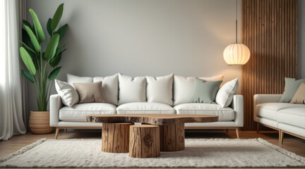 modern living room with white sofa unique wooden coffee table