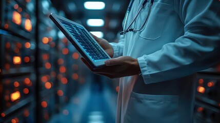Doctor in Laboratory Holding Tablet with Medical Data in a High-Tech Environment Surrounded by Server Racks and Dim Lighting for Healthcare Innovation