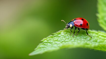Fototapeta premium Vibrant Red Ladybug on Green Leaf in Natural Outdoor Setting : Generative AI