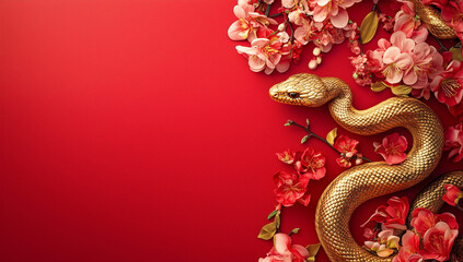 Fototapeta premium Luxurious Golden Snake with Intricate Scales and Elegant Flowers on a Vibrant Red Background with copy space