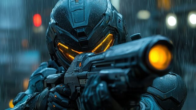 Futuristic Soldier in the Rain: A Cyberpunk Cityscape