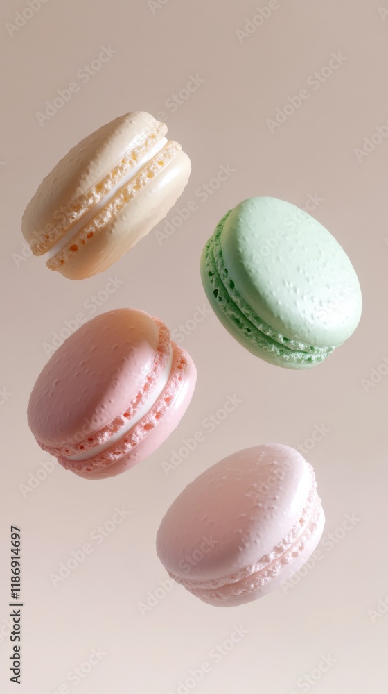 Poster colorful macarons floating in the air against a soft background in a minimalist setting