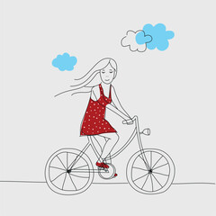 A whimsical, hand-drawn illustration of a girl in a red polka-dot dress riding a bicycle.
