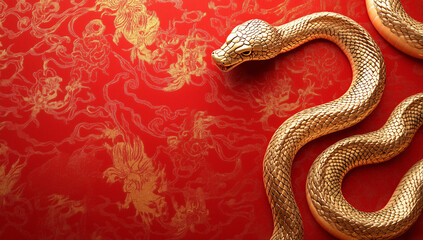 Obraz premium Golden Snake on a Rich Red Silk Background Featuring Intricate Chinese Patterns and Clear Copy Space