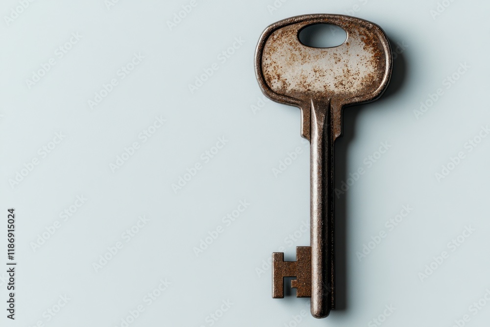 Poster old metal key lying on a flat surface highlighting its rustic surface and unique shape in natural li