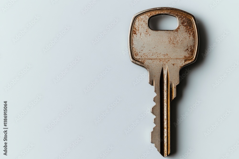 Poster old metal key resting on a light surface reflects wear and age while revealing its unique design and