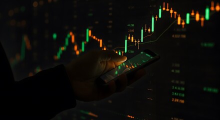 Financial stock chart analysis on a smartphone with digital interface symbolizing technological advancement in trading and investment in modern economy