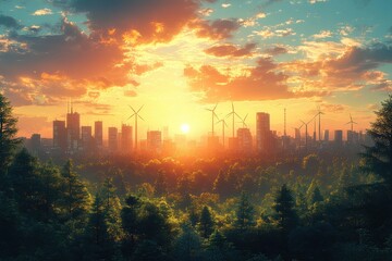 Fototapeta premium Sunset over a city skyline with wind turbines and lush forests in the foreground