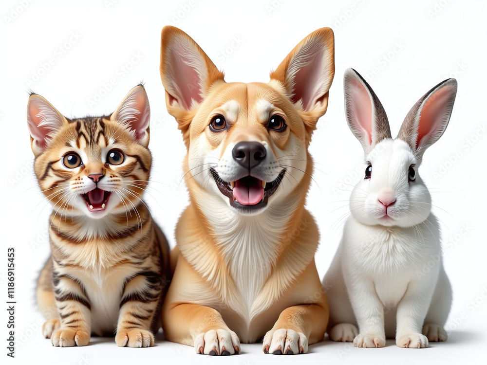 Poster a portrait of a surprised cat, dog, and rabbit generated by ai, isolated on white with a transparent