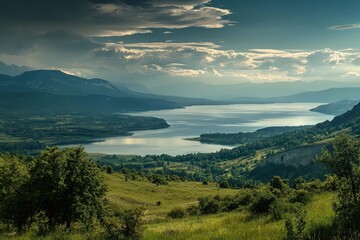 Fototapeta premium Scenic view of tranquil lake reflecting dramatic clouds and mountains in the distance during early evening hours