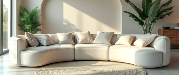 sunlit living room with curved sofa green plants