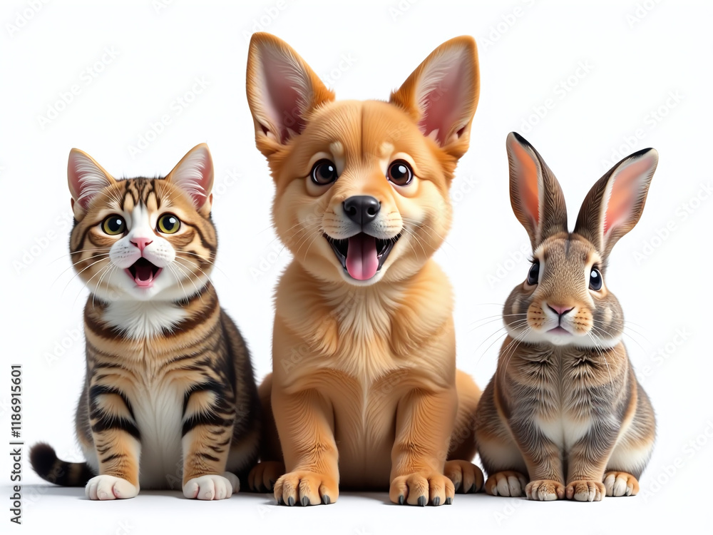 Poster a portrait of a surprised cat, dog, and rabbit generated by ai, isolated on white with a transparent