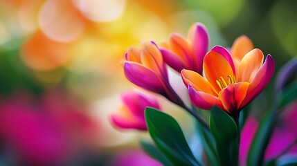 Fototapeta premium Vibrant Orange and Purple Flowers Blooming in Bright Bokeh Floral Background : Generative AI