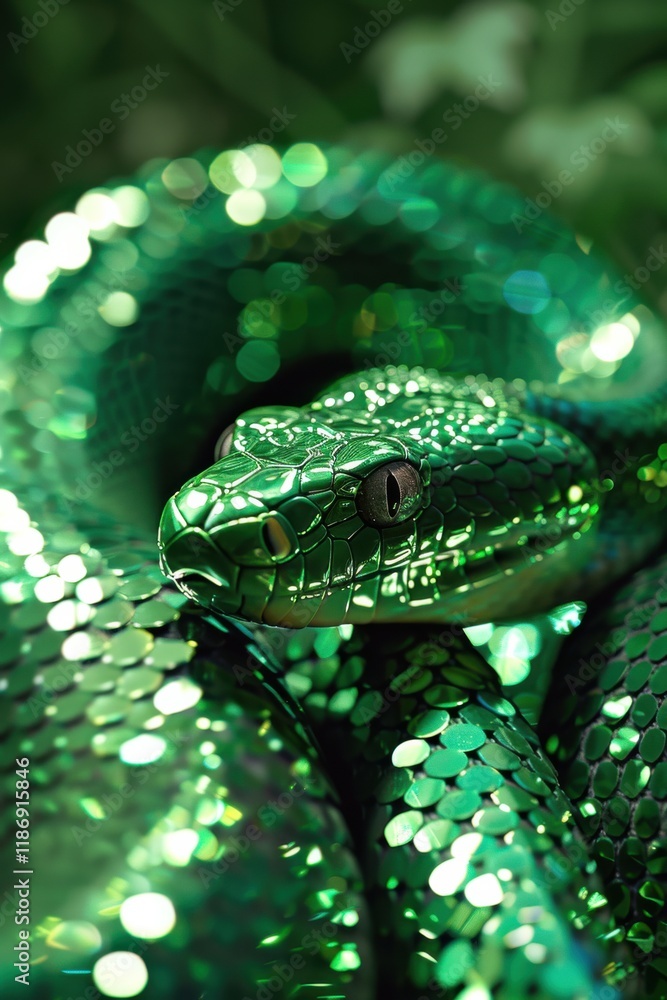 Poster vibrant emerald green snake reflecting light in a lush natural setting with sparkling scales and int