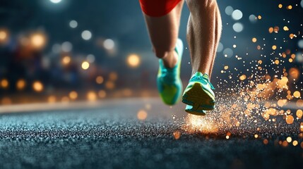 Runner sprinting on a track at night with illuminated background and sparks flying from shoes