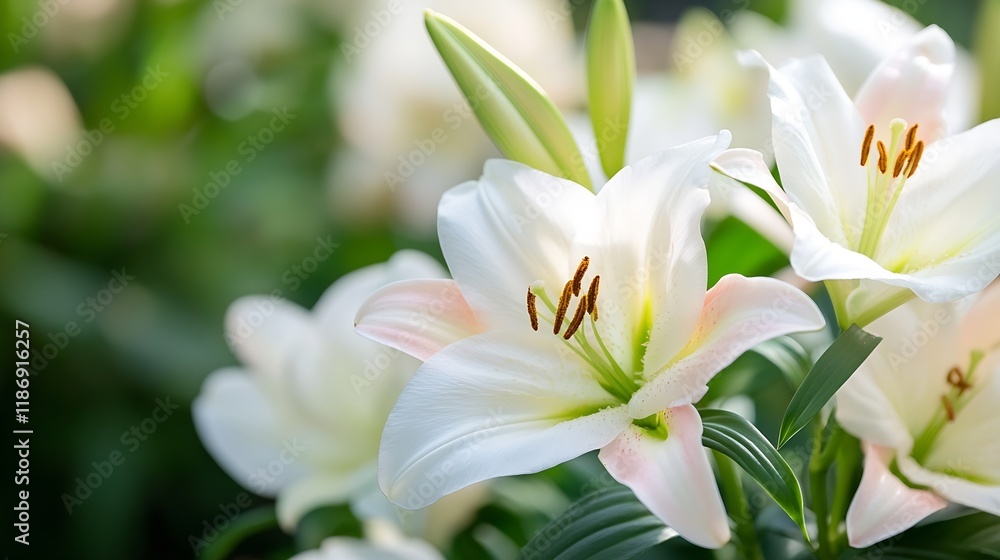 Poster closeup of a white lily in bloom with soft natural lighting : generative ai