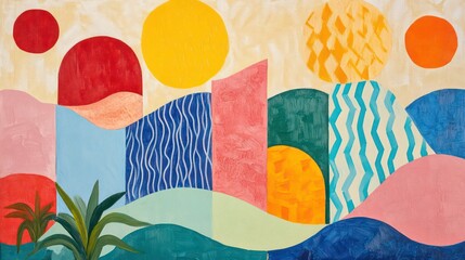 Minimalist Oil Painting of Oceanic Patterns: Colorful Stencils on Beige Background