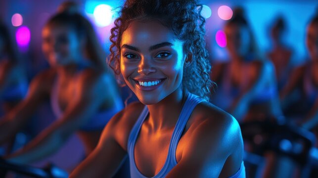 Joyful woman enjoying a spin class in a vibrant fitness studio with colorful lights and enthusiastic participants