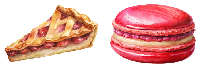 Watercolor dessert illustration, cherry pie slice, vibrant pink macaron, sweet treats, bakery art, food design.
