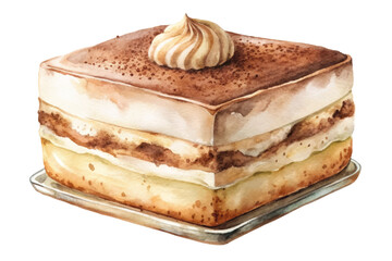 Watercolor dessert illustration, delicious cake slice, creamy layers, gourmet pastry art, food styling, culinary delight.