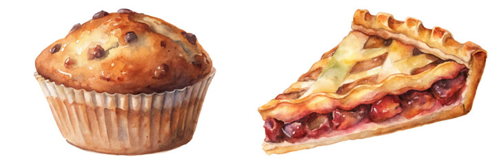 Watercolor dessert illustration, chocolate chip muffin, cherry pie slice, bakery food art, delicious treats.