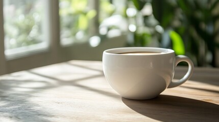 Sunlit coffee cup on wooden table with natural light and green plant background : Generative AI