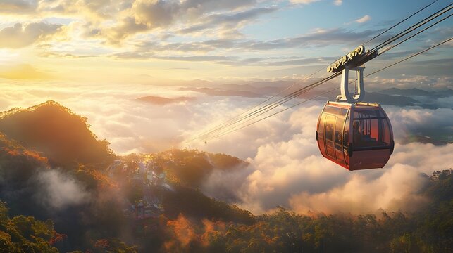Cable Car Ascending Above Misty Mountain Landscape At Sunset
