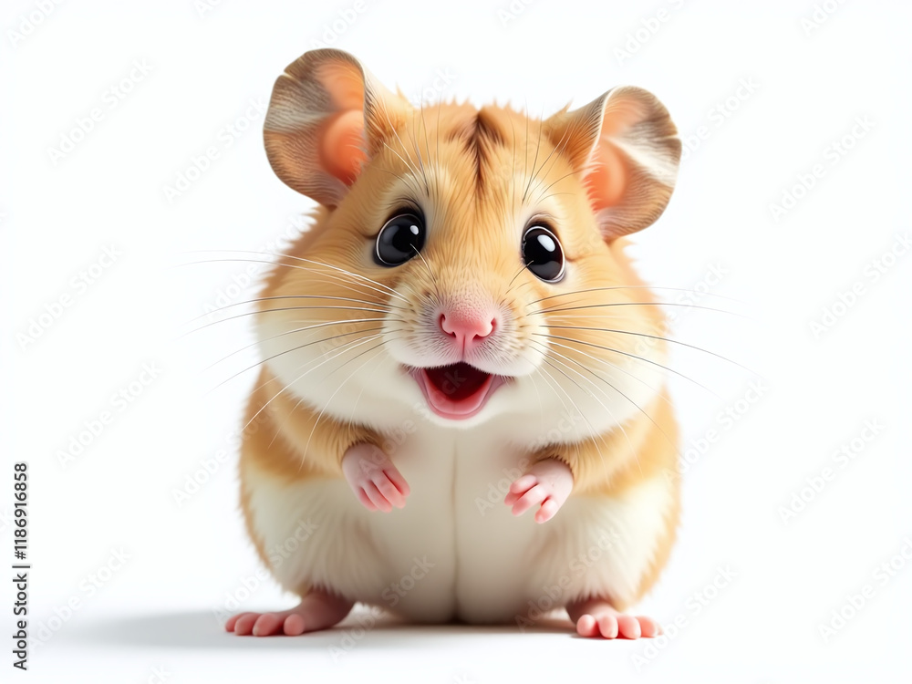 Poster a playful hamster looks surprised with huge eyes in a funny portrait isolated against a white backgr