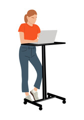 Young business woman working at contemporary workspace with ergonomic furniture, laptop computer. Vector flat illustration isolated on transparent background.