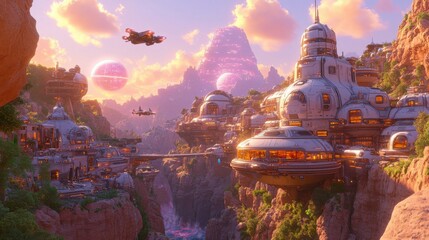 A vibrant science fiction design with futuristic buildings, flying vehicles, and glowing energy fields, ideal for sci-fi films, games, or creative projects.