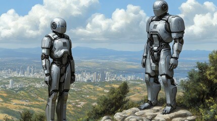 Naklejka premium A high-tech science fiction background with robotic figures, neon cityscapes, and virtual environments, perfect for futuristic urban settings or cyberpunk themes.