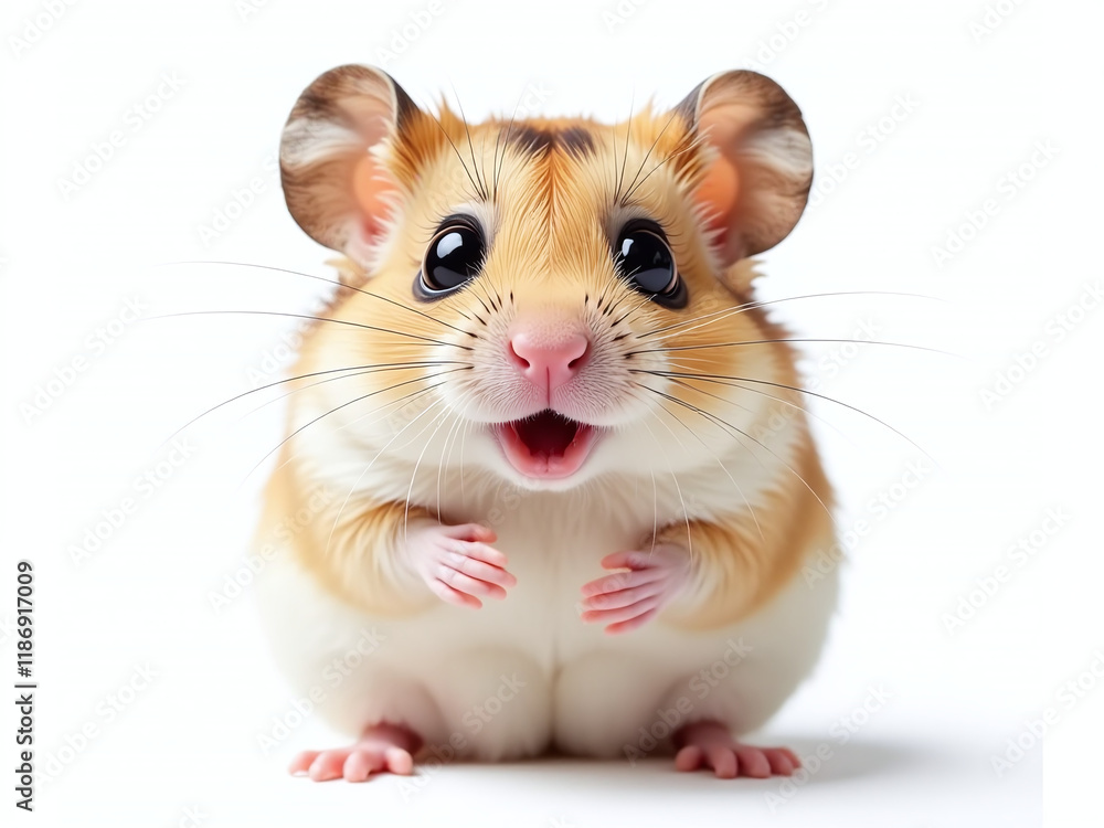 Poster a playful hamster looks surprised with huge eyes in a funny portrait isolated against a white backgr