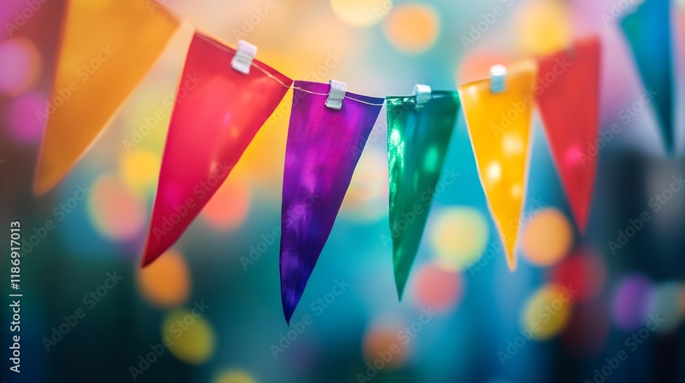 Aufkleber colorful party bunting with bright festive bokeh background : generative ai