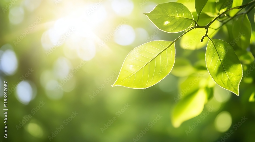 Poster Sunlight Filtering Through Green Leaves in Lush Forest Environment : Generative AI