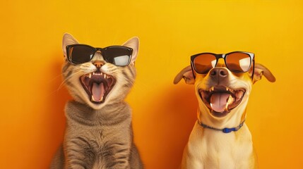 A playful scene featuring a yawning cat and a laughing dog, both with sunglasses, set against a vibrant orange background