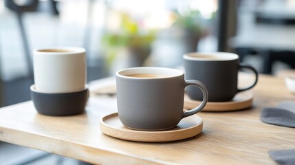 Fototapeta premium Cozy Mornings With Steaming Coffee in Modern Grey and White Mugs on Wooden Table Setting : Generative AI