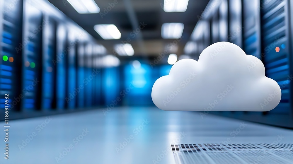 Poster Modern Cloud Computing Technology in HighTech Data Center with Blue Lighting : Generative AI