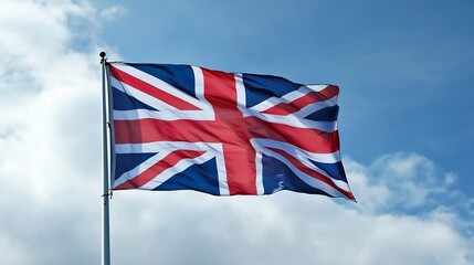 Majestic Union Jack Flag Waving Proudly on National Day Against Blue Cloudy Sky : Generative AI