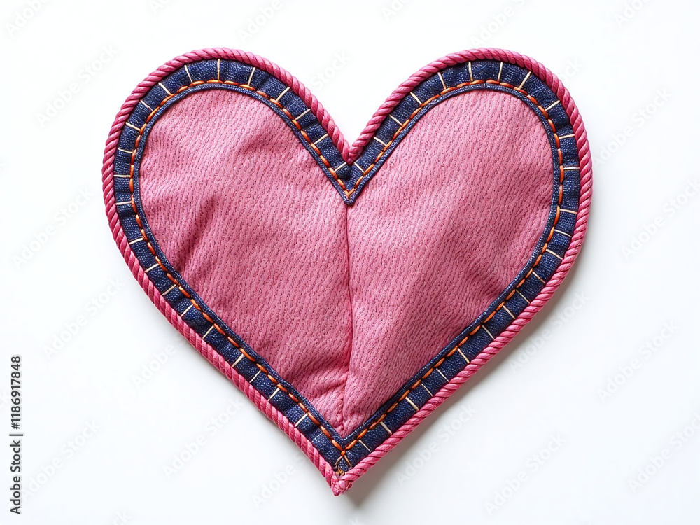 Poster a pink heart shape made from denim patches is isolated against a clean white background for a unique