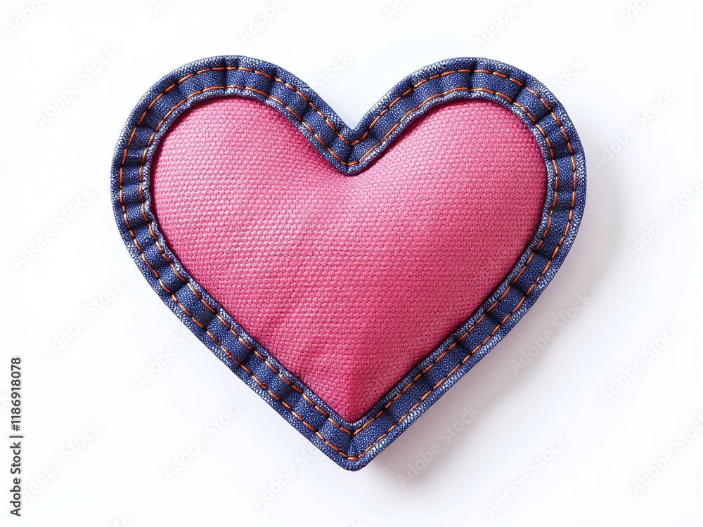 Poster a pink heart shape made from denim patches is isolated against a clean white background for a unique