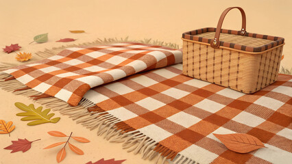 Obraz premium Cozy autumn picnic blanket with wicker basket and colorful leaves on sandy ground