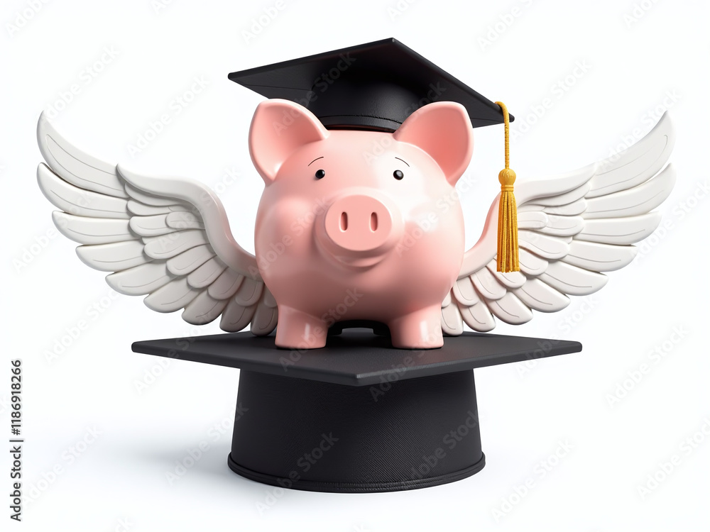 Poster A Piggy Bank Sits Proudly Atop A Graduation Cap And Wings, Isolated On A Clean White Background In Transparent Png Format. 00001