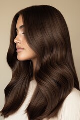 Naklejka premium Long brunette hair styled with soft waves showcased on a woman against a neutral background during a beauty photoshoot