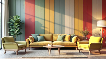 sunlit living room with mustard yellow sofa armchairs