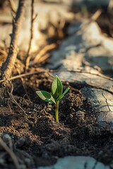 New plant sprouts from dry soil in a rocky environment during morning sunlight