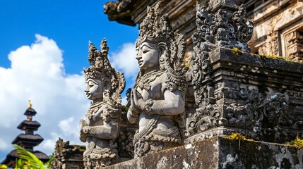 Obraz premium Balinese temple statues, serene pose, mountain backdrop, cultural heritage tourism.